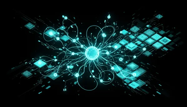 Abstract network of glowing cyan nodes separating from a central hub, with looping circuits and tile patterns on a dark backg