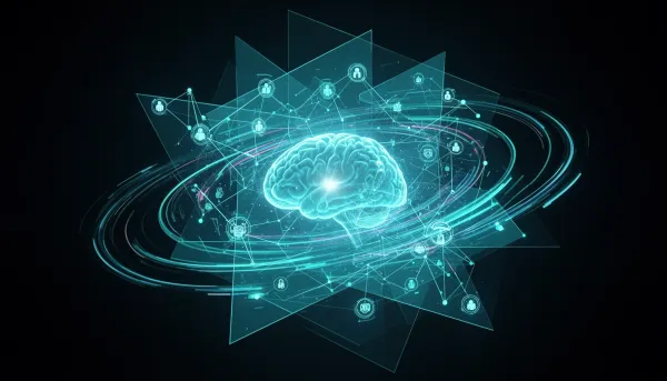 Abstract network of glowing agent nodes and geometric planes around a central brain form, rendered in cyan on a dark backgrou