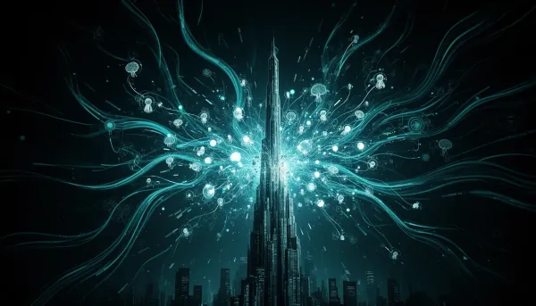 Abstract illustration of glowing cyan nodes breaking away from a central dark tower on a dark background, representing decent
