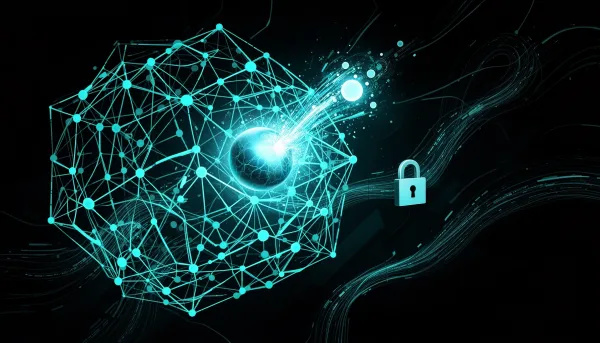 Abstract cyan-on-dark illustration of open neural networks breaking free from an encrypted cube, with data streams and a glow