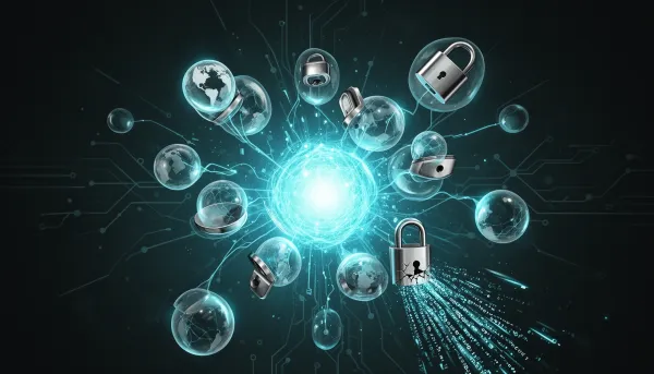 Abstract illustration of open and closed AI model nodes orchestrated around a central core against a dark background with cya