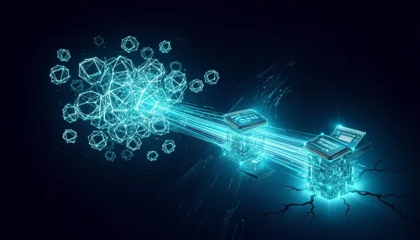 Abstract dark illustration with cyan nodes and data streams flowing from a central cluster toward distributed chips, symboliz