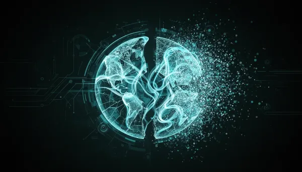 Abstract illustration of a fractured global neural network splitting into two glowing hemispheres on a dark background with c