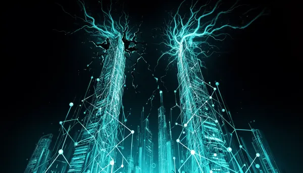 Abstract illustration of glowing competing neural network towers on a dark background with cyan accents, one cracking to sugg