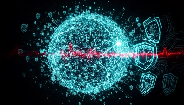 Abstract illustration of a glowing neural sphere dispersing into distributed nodes over silicon circuit patterns on a dark cy
