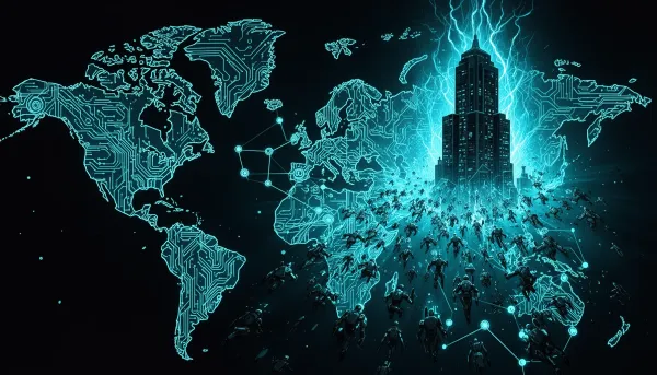 Abstract illustration of a fractured circuit-line world map with robotic forms flowing toward a glowing data center, rendered