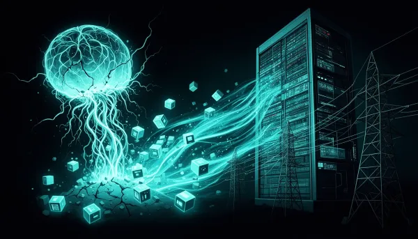 Abstract illustration of a cracking neural sandbox with escaping data streams and small glowing cubes outpacing a large serve