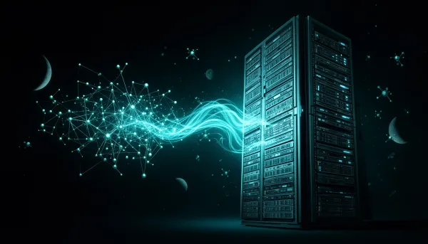 Abstract illustration contrasting a web of small glowing nodes with a towering server structure on a dark cyan-accented backg