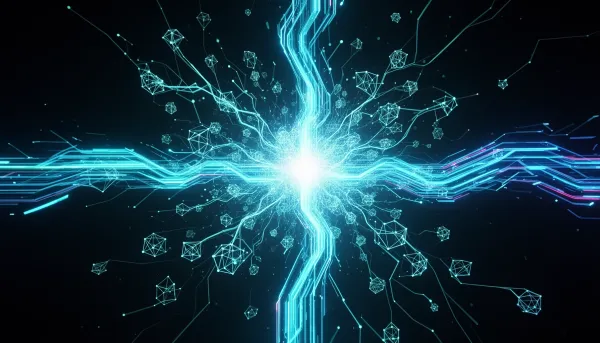 Abstract network of glowing cyan nodes and data streams on a dark background representing competing AI ecosystems and open-we