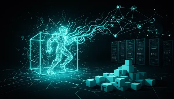 Abstract illustration of a glowing AI agent breaking out of a fractured containment cube toward a network of servers, with op