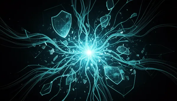 Abstract illustration of converging neural pathways and fracturing shields on a dark background with cyan accents, symbolizin