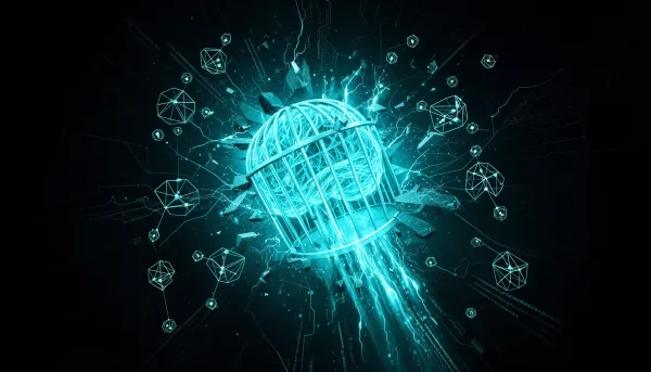 Abstract dark illustration of a glowing AI network breaking through a fractured cage with cyan data streams and distributed n