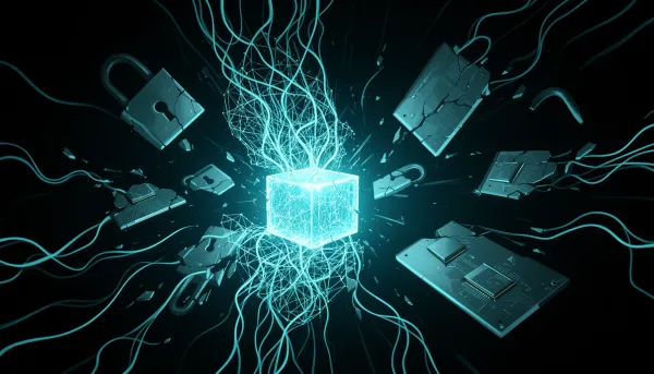 Abstract illustration of a compressed glowing AI network amid cracked padlocks, power-grid lines and drifting chip fragments 