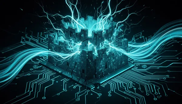 Abstract illustration of a breached digital fortress beside clean circuit lattices on a dark background with cyan accents, sy