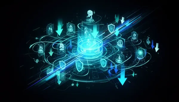 Abstract network of glowing AI model nodes orbiting an orchestration hub with robotic and shield motifs on a dark cyan-accent