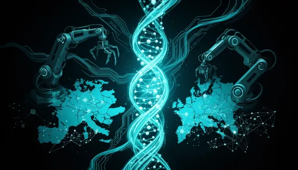 Abstract dark illustration with cyan accents showing robotic arms, circuit rivers, a molecular helix, and network nodes repre