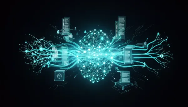 Abstract dark illustration with cyan neural nodes, flowing document streams, and branching agent pathways representing open m