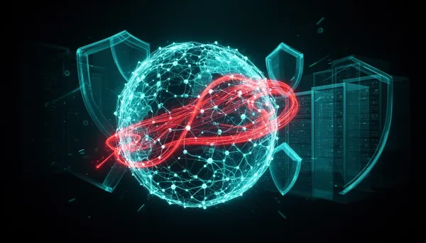Abstract dark illustration of a glowing cyan neural globe with server racks, shield shapes, and a red thread symbolizing auto