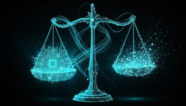 Abstract dark illustration with cyan accents showing a data-stream balance scale weighing dense circuitry against dispersing 