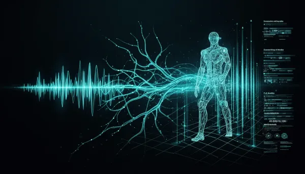 Abstract dark illustration with cyan neural pathways, sound waves, a wireframe robot, and flowing data streams representing t