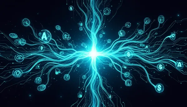Abstract cyan network of branching data pathways on a dark background representing competing AI models and open-source prolif