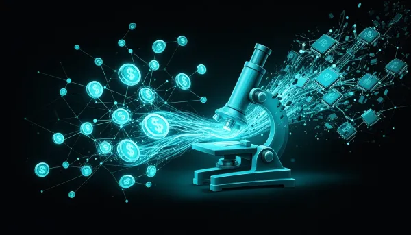 Abstract dark illustration with cyan accents showing connected AI agent nodes, a microscope of data streams, and chip motifs 