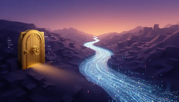 A closed vault door and an open river of light converging, showing the shrinking gap for open-weight AI models.