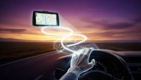 GPS device projecting a glowing route while a hand steers, a metaphor for an AI agent proposing actions.