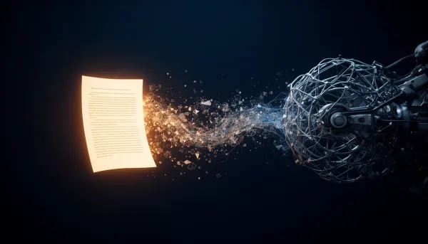Glowing document dissolving into particles pulled toward a neural lattice, showing AI training data absorbing public expertis