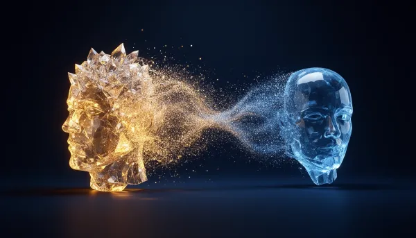 Glowing head dissolving into particles that rebuild a hollow empty copy, showing what knowledge distillation loses.