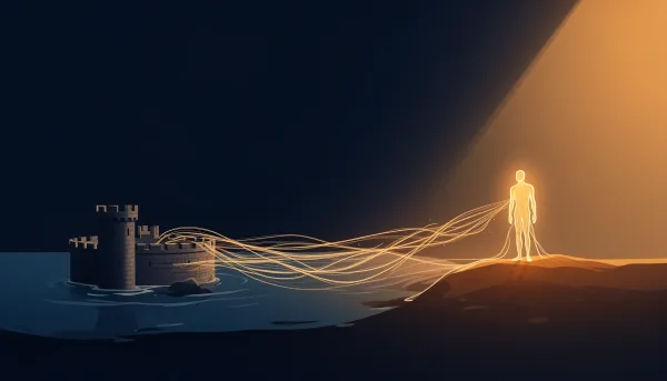 Illustration of a dissolving moat reforming into a glowing figure, symbolizing content strategy and durable authority