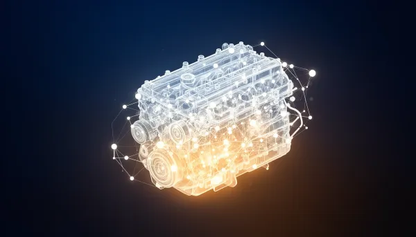 A glowing car engine cross-section blending into an AI neural network, symbolizing model strength beyond size