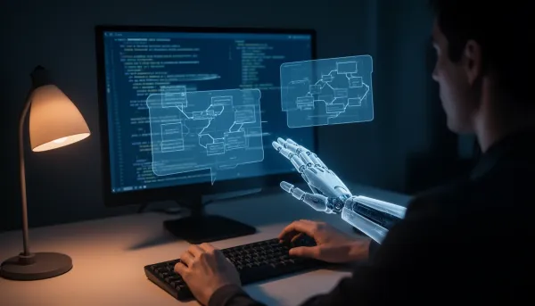 Developer at night reviewing floating holographic panels beside an AI agent's translucent robotic hand