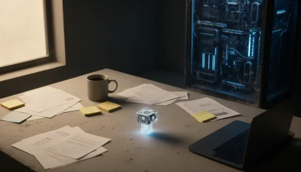 A small glowing computer chip working on everyday tasks while a large costly server sits idle in the background.