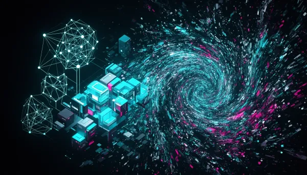 Abstract split illustration of orderly glowing neural structures on one side and a chaotic flood of digital noise on the othe