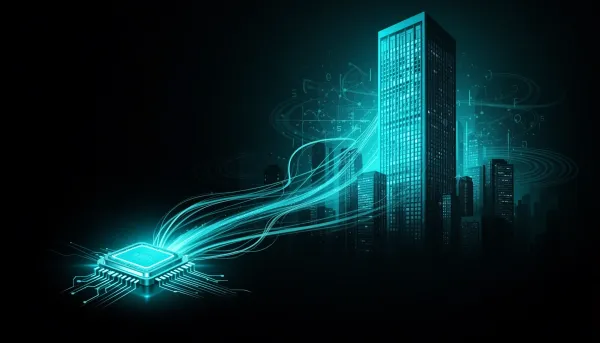 Abstract illustration of a small glowing chip on a desk connected by cyan data streams to massive data-center towers, symboli