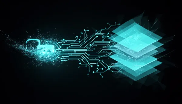 Abstract cyan-on-dark illustration of branching neural networks, a dissolving lock, and layered geometric shards representing