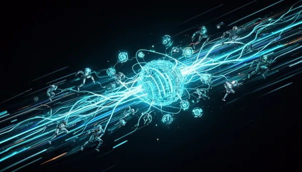 Abstract dark illustration with cyan light streaks depicting competing AI models racing around a glowing central data core wi