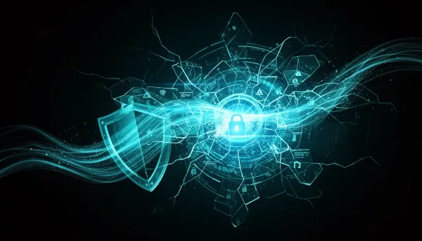 Abstract illustration of a fracturing shield dissolving into cyan data streams converging on a central gateway, symbolizing A