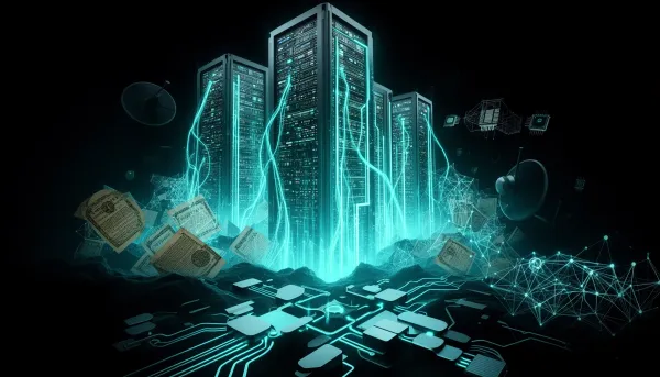 Abstract illustration of AI infrastructure dominance featuring glowing server towers, dissolving book pages transforming into