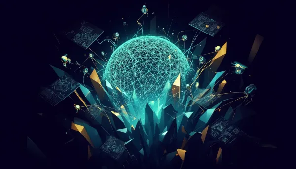 Abstract illustration of a glowing cyan AI agent network mesh dome surrounded by interconnected luminous nodes and data strea