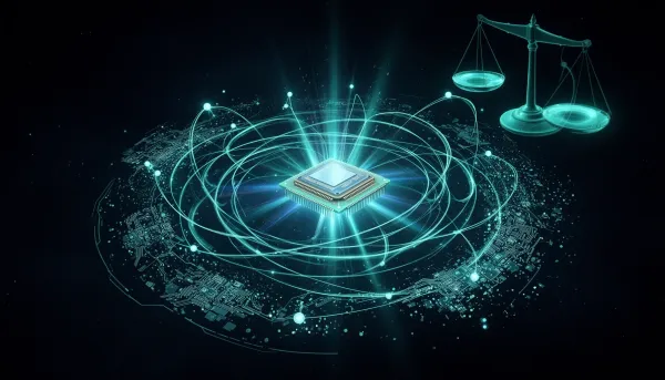 Abstract illustration of glowing AI agent networks orbiting a central GPU chip against a dark background, with circuit patter
