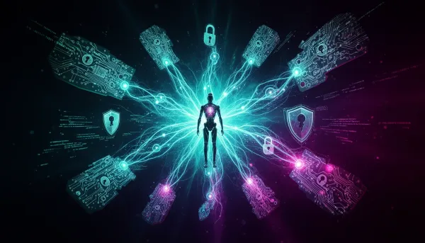 Abstract dark illustration showing glowing neural network nodes connecting to a humanoid robot silhouette, with fragmented ci