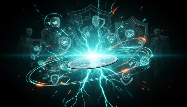 Abstract illustration of a glowing AI inference chip at the center emitting cyan electric arcs, surrounded by neural network 