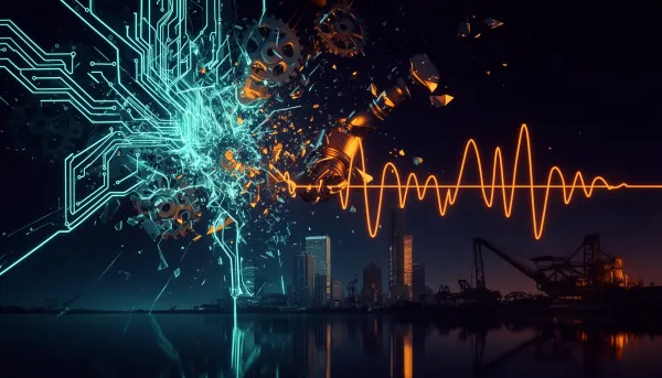 Abstract illustration showing AI circuit networks merging with physical machinery and industrial equipment, glowing cyan data