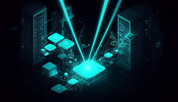 Abstract dark illustration with cyan accents showing open-source modules, an edge device, server racks, orbital laser beams, 