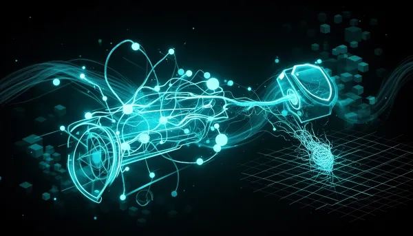 Abstract dark illustration with cyan accents showing neural networks branching into a vehicle, a shield, and a breaking threa