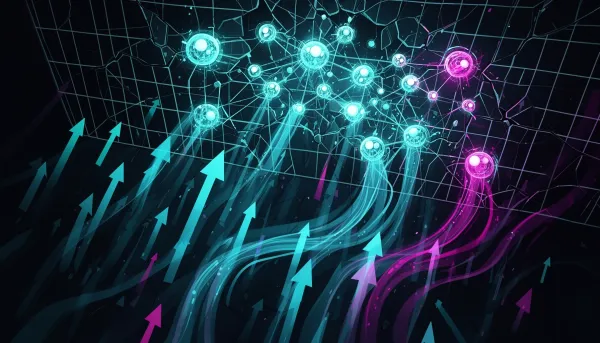 Abstract illustration of glowing networked AI agents breaking free from a fractured grid against a dark cyan-accented backgro