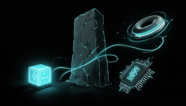 Abstract dark illustration with cyan accents showing a small glowing AI cube, a fractured monolith, a helix-etched chip, and 