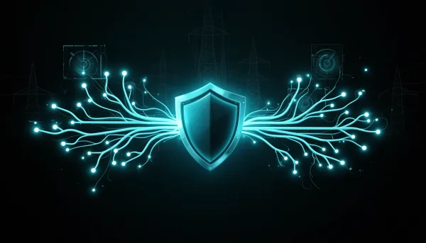 Abstract dark illustration with cyan glowing neural nodes branching into forked paths around a shielded core, with faint ener